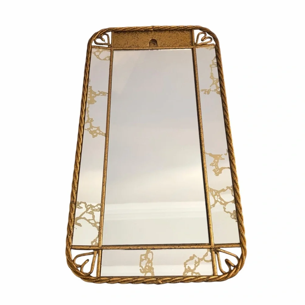 VINTAGE GOLD-TONE WALL MIRROR WITH ETCHED GLASS & ROPE FRAME — 15x8